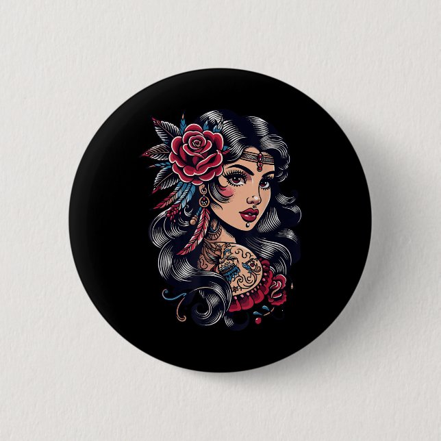 Chapa Redonda De 5 Cm Señora Gitana _ Estilo Boho _ Tattoo Art _ Tee de  (Anverso)