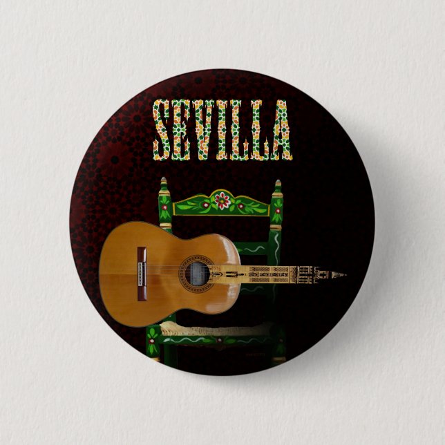 Chapa Redonda De 5 Cm SEVILLA. Guitarra flamenca con Giralda de Sevilla. (Anverso)