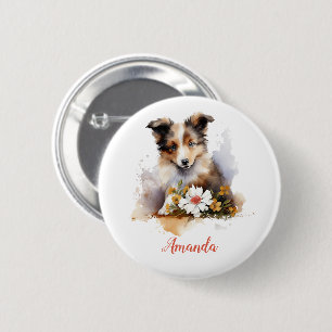 Chapa Redonda De 5 Cm Shetland Sheepdog Puppy Mascota Flor acuática