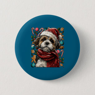 Chapa Redonda De 5 Cm Shih Tzu Festivo Con Gorro De Santa Invierno Nevad