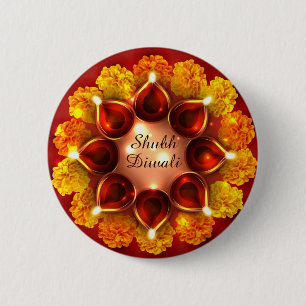 Chapa Redonda De 5 Cm Shubh Diwali Diyas y Marigoles
