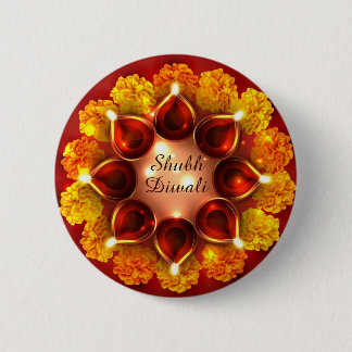 Chapa Redonda De 5 Cm Shubh Diwali Diyas y Marigoles