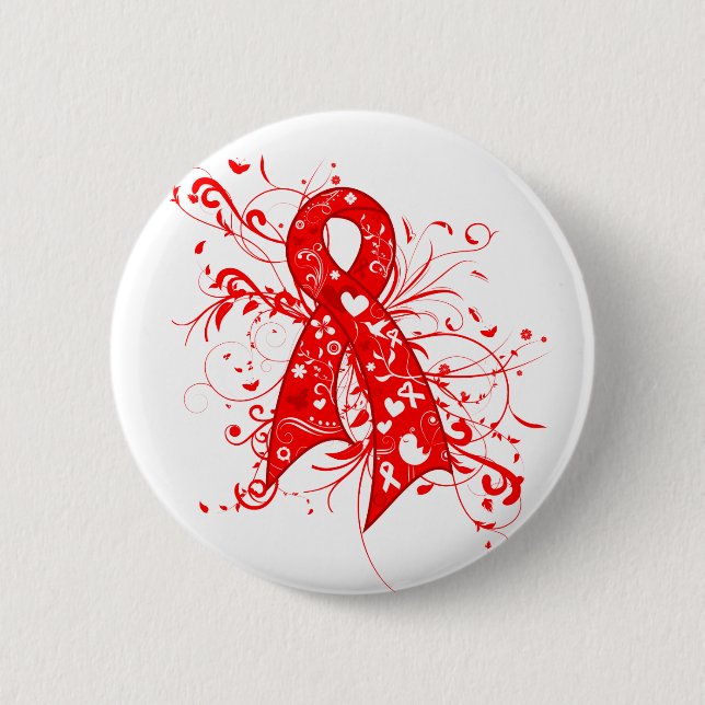 Chapa Redonda De 5 Cm SIDA Floral Swirls Ribbon (Anverso)
