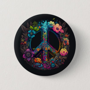 Chapa Redonda De 5 Cm Signo Neon Floral Peace