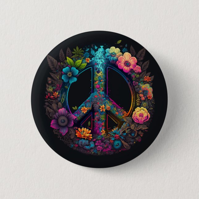 Chapa Redonda De 5 Cm Signo Neon Floral Peace (Anverso)