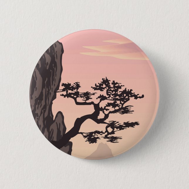 Chapa Redonda De 5 Cm Silhouette de árbol al estilo japonés en rosa (Anverso)