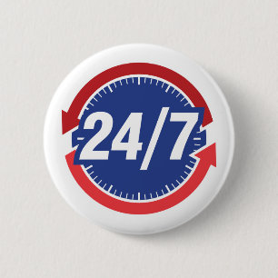 Chapa Redonda De 5 Cm Símbolo de 24/7 horas con reloj y flechas de hora