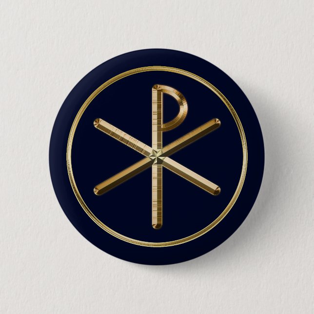 Chapa Redonda De 5 Cm Símbolo de Gold Chi-Rho en azul oscuro (Anverso)