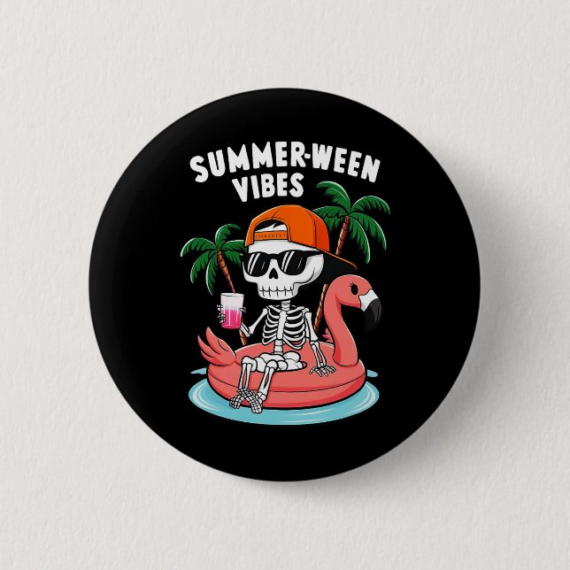 Chapa Redonda De 5 Cm Skeleton Flamingo Summerween Vibes Halloween (Anverso)