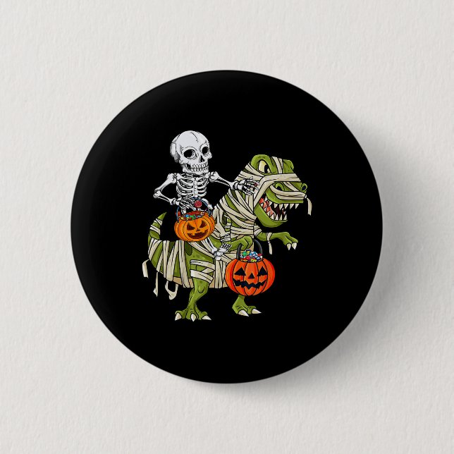 Chapa Redonda De 5 Cm Skeleton Riding Mummy Dinosaur T rex Halloween Div (Anverso)