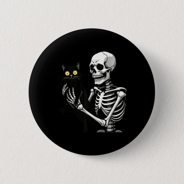 Chapa Redonda De 5 Cm Skeleton Sostenía Un Gato Cute Gato Negro Hallowee (Anverso)