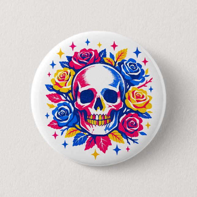 Chapa Redonda De 5 Cm Skull and Flowers (Anverso)