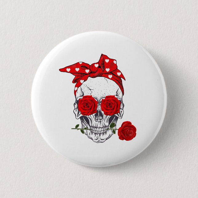 Chapa Redonda De 5 Cm Skull Valentine con rosas rojas (Anverso)
