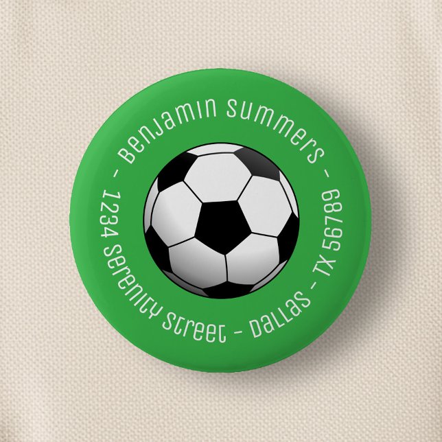 Chapa Redonda De 5 Cm Soccer Football Ball on Green Custom Text (Subido por el creador)