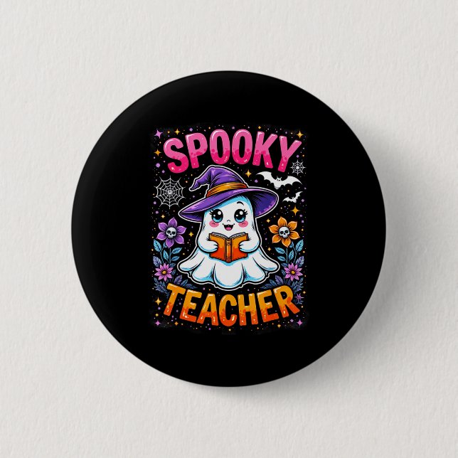 Chapa Redonda De 5 Cm Soky Teacher Cute Ghost Reading Book Funny Hallo  (Anverso)