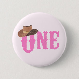 Chapa Redonda De 5 Cm Sombrero de vaquera rosa tema Cumpleaños UNO 1