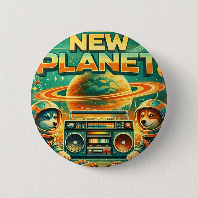CHAPA REDONDA DE 5 CM SPACE DOGS RADIO -  NEW PLANET LOGO26 (Anverso)