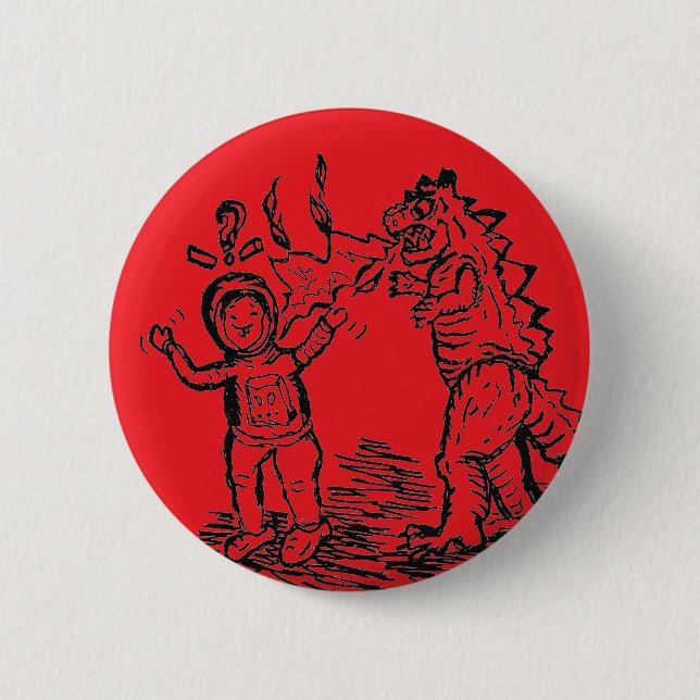 Chapa Redonda De 5 Cm Spaceman versus Dinosaur man pin back Button rojo (Anverso)