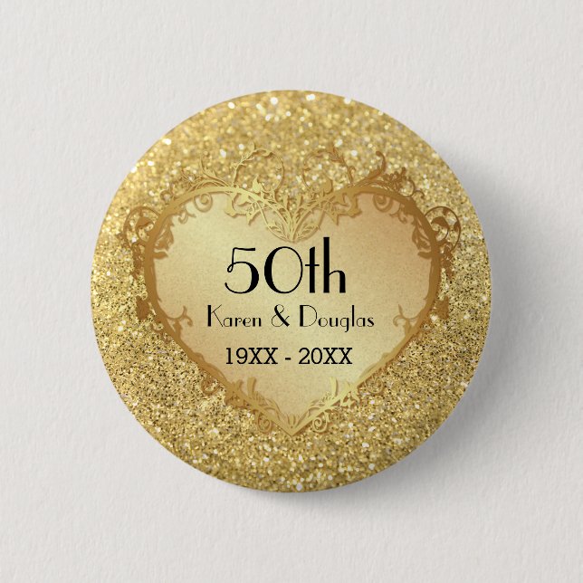 Chapa Redonda De 5 Cm Sparkle Gold Heart 50° Aniversario del Boda (Anverso)