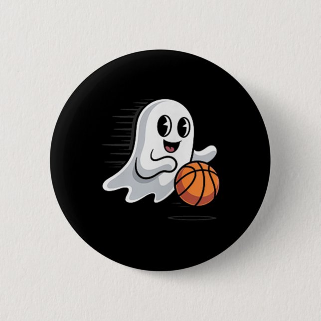 Chapa Redonda De 5 Cm Spooky Ghost Playing Basketball Retro Halloween Co (Anverso)