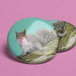 Chapa Redonda De 5 Cm Squirrel Blowing a Bubblegum Bubble Animal Photo<br><div class="desc">Add some fun to your outfit with this quirky,  but cute button. The photo collage depicts a gray squirrel on the side of a mossy tree blowing a bubble with some pink bubblegum.</div>