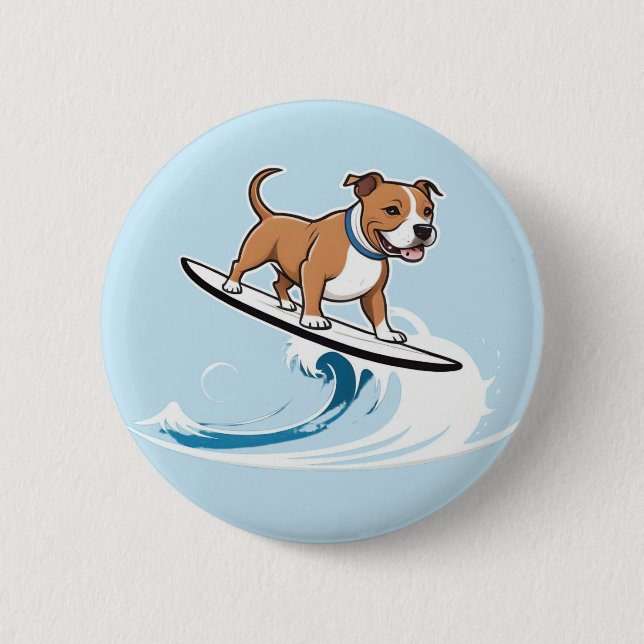 Chapa Redonda De 5 Cm Staffordshire Bull Terrier Surfing The Waves, (Anverso)