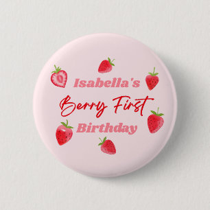 Chapa Redonda De 5 Cm Strawberry Berry First Birthday Red and Pink