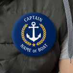 Chapa Redonda De 5 Cm Su nombre de barco Capitán Anchor Marina de Oro<br><div class="desc">Un botón personalizado con el nombre de su barco, el apellido u otro texto deseado y el título del capitán u otro rango según sea necesario. Con un ancla náutica diseñado por un personalizado, hojas de laurel de estilo dorado y emblema estrella sobre azul marino o ajustar fácilmente el color...</div>