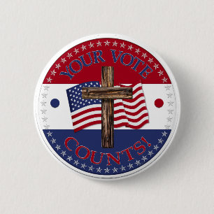 Chapa Redonda De 5 Cm Su voto cuenta con cruz y bandera de EE. UU.