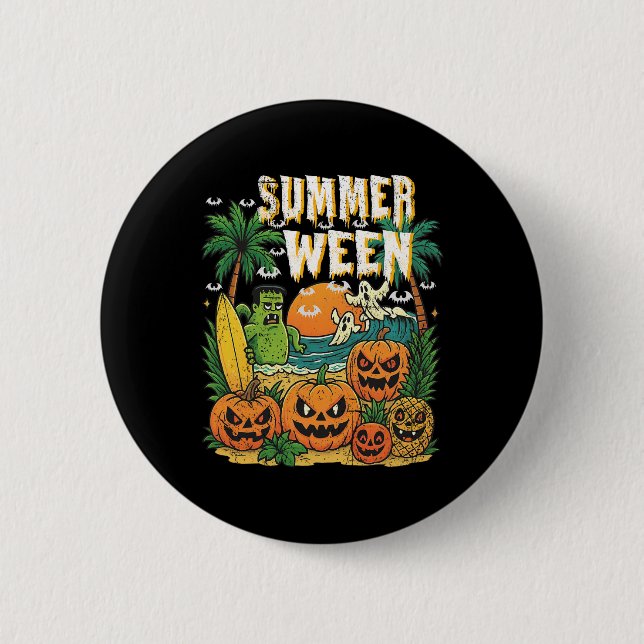 Chapa Redonda De 5 Cm Summerween Beach Pumpkins Fantasma Surf Halloween  (Anverso)