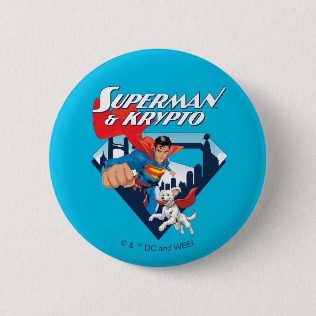 Chapa Redonda De 5 Cm Superman y Krypto Soar (Anverso)
