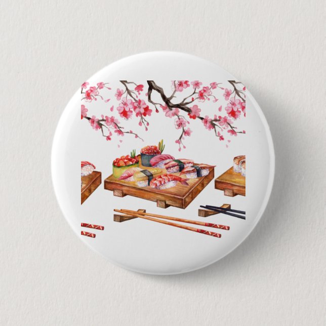 Chapa Redonda De 5 Cm Sushi de comida japonesa y sakura floreciente (Anverso)