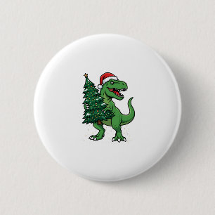 Chapa Redonda De 5 Cm T-Rex de Navidad llevando árbol de Navidad