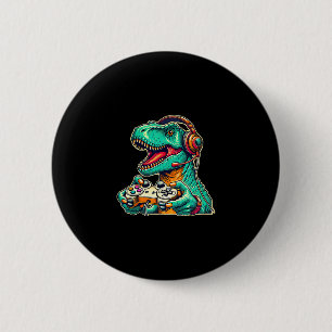 Chapa Redonda De 5 Cm T-rex Jugando Con Auriculares Dinosaurio Divertido