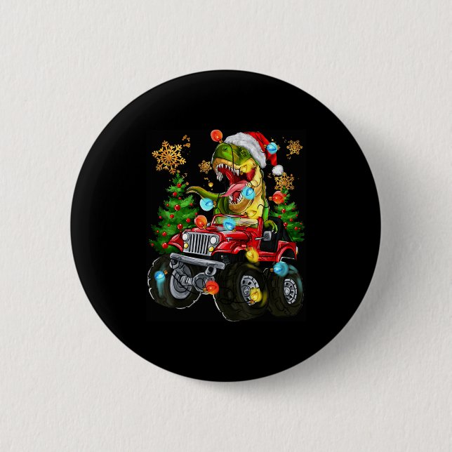 Chapa Redonda De 5 Cm T-rex Santa In Monster Truck With Christmas Trees  (Anverso)