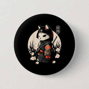 Chapa Redonda De 5 Cm Tatuaje de gato samurai japonés, gato Kawaii Ninja