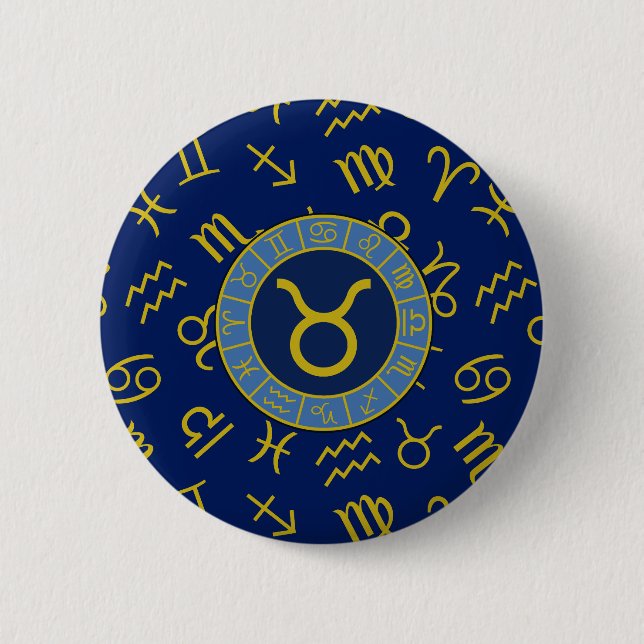 Chapa Redonda De 5 Cm Taurus Zodiac+Símbolos Astrológicos Patrón Oro+Blu (Anverso)