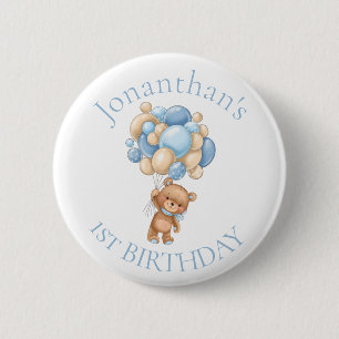 Chapa Redonda De 5 Cm Teddy Bear Globos Azul primer cumpleaños