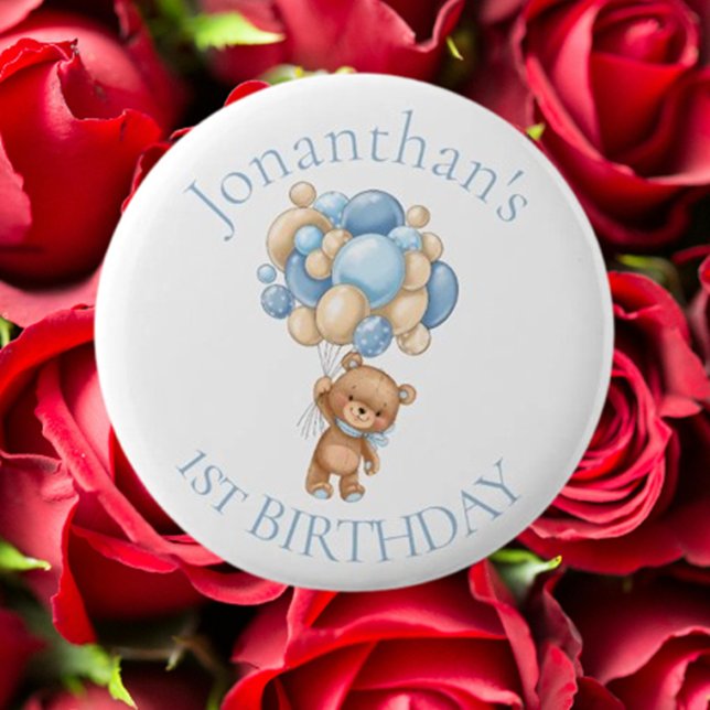 Chapa Redonda De 5 Cm Teddy Bear Globos Azul primer cumpleaños (Celebrate your baby's first birthday with an adorable blue teddy bear balloons button)