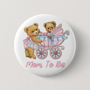 Chapa Redonda De 5 Cm Teddy Bear Mom and Carriage - Rosa
