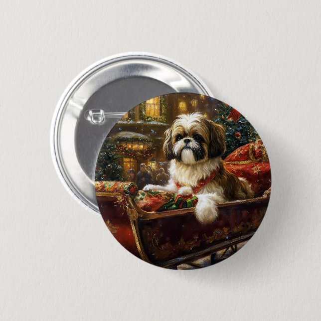 Chapa Redonda De 5 Cm Temporada festiva de los Navidades Shih Tzu (Anverso y reverso)
