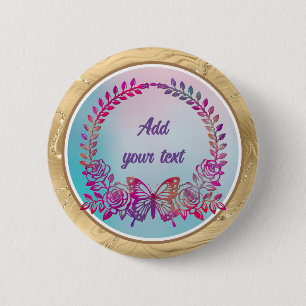 Chapa Redonda De 5 Cm Texto personalizado, mariposa y flor coloridos