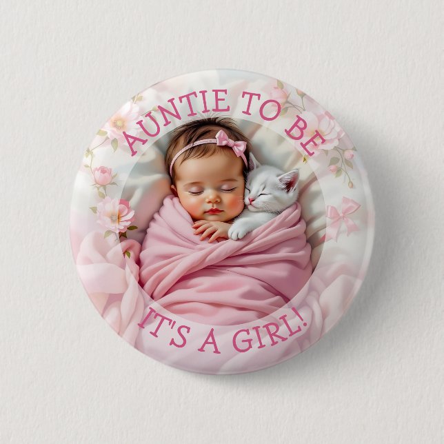 Chapa Redonda De 5 Cm Tía a ser | Es un Baby Shower Chica (Anverso)