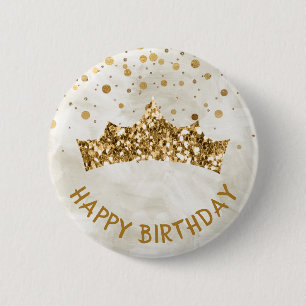 Chapa Redonda De 5 Cm Tiara dorada con bokeh dorado y Cumpleaños blanco