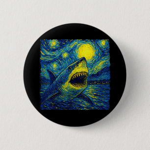 Chapa Redonda De 5 Cm Tiburón gracioso - Estilo Van Gogh - Noche estrell