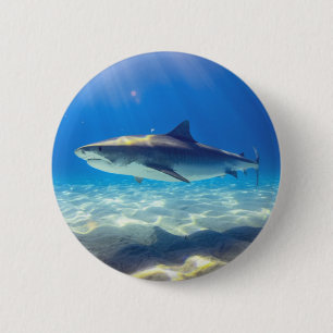 Chapa Redonda De 5 Cm Tiburón nadando Agua del Océano Azul