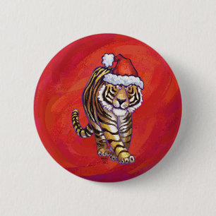 Chapa Redonda De 5 Cm Tigre de Navidad sobre Rojo