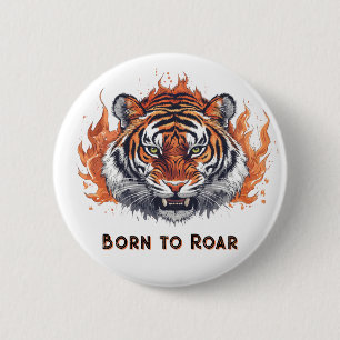 Chapa Redonda De 5 Cm Tigre Fiero con Llamas - Texto Personalizable