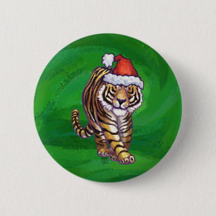 Chapa Redonda De 5 Cm Tigre lindo en Sombrero de Santa sobre verde