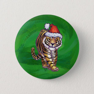 Chapa Redonda De 5 Cm Tigre lindo en Sombrero de Santa sobre verde